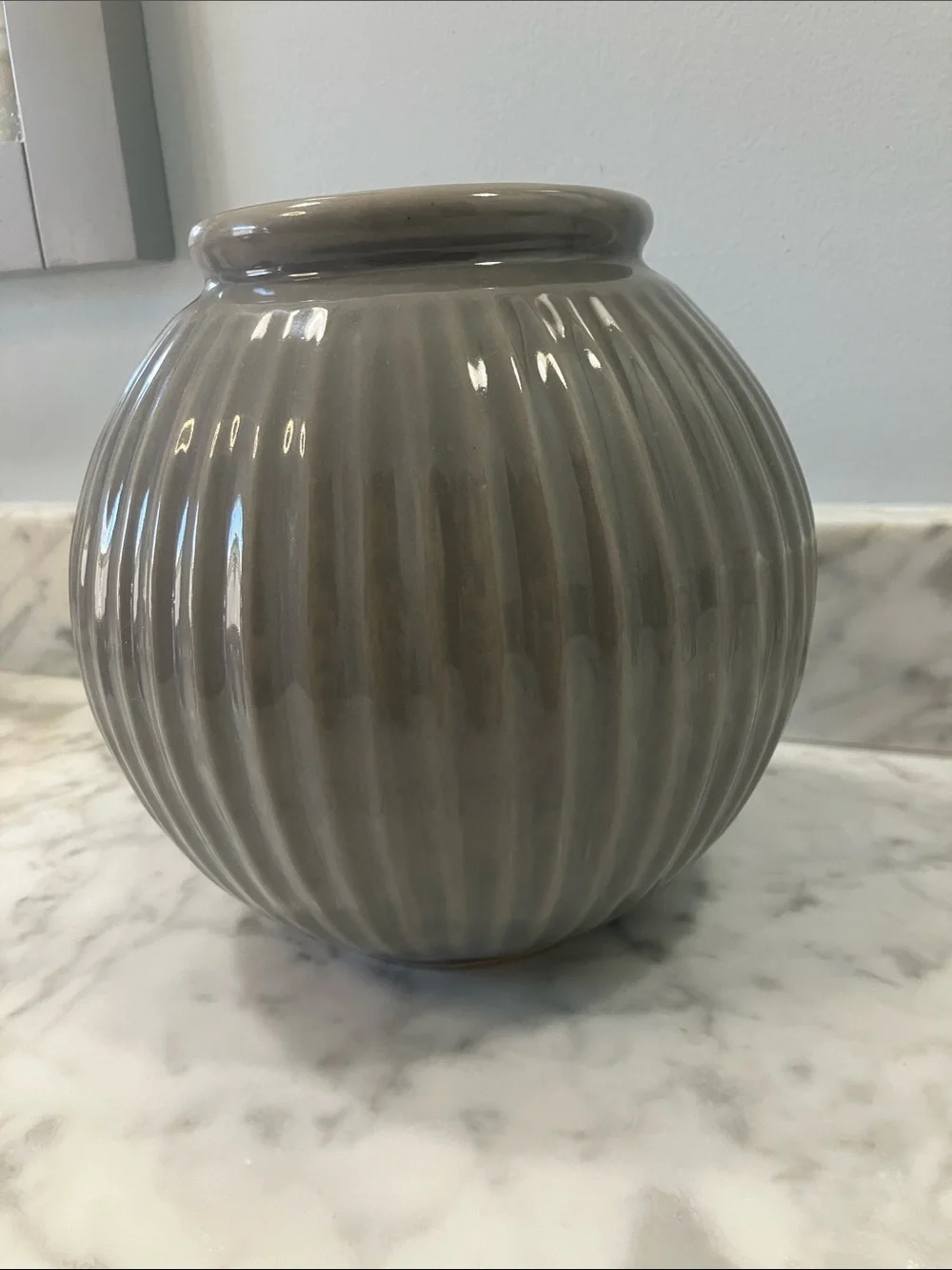 IKEA Gray Ribbed Ceramic Globe Vase 7in tall round ball stoneware